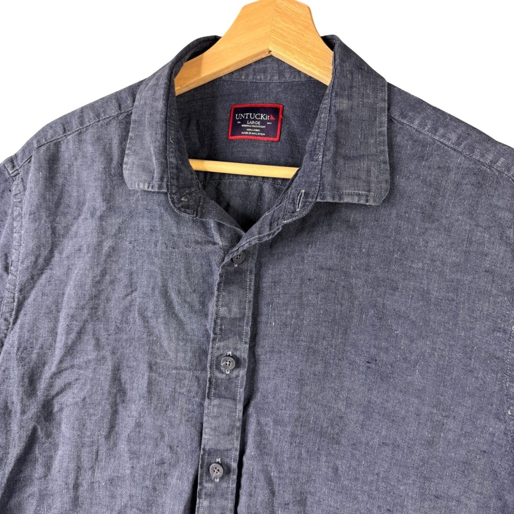UNTUCKit Mens Large Blue 100% Linen Wrinkle Resistant Short Sleeve Button Down
